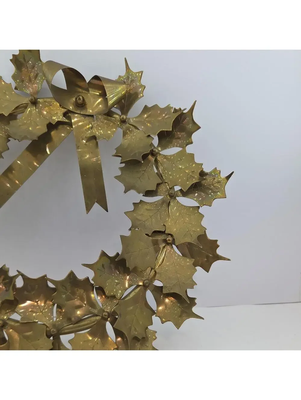 Vintage 1970s Solid Brass Christmas Wreath 15” Montgomery Ward Holly Decor